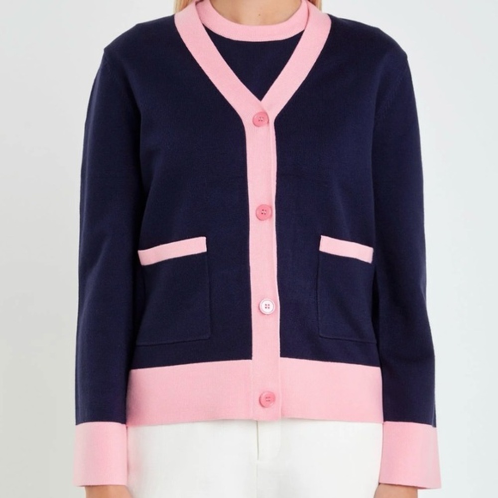 English Factory Contrast V-Neck Colorblock Cardigan Navy Pink Women’s Size M